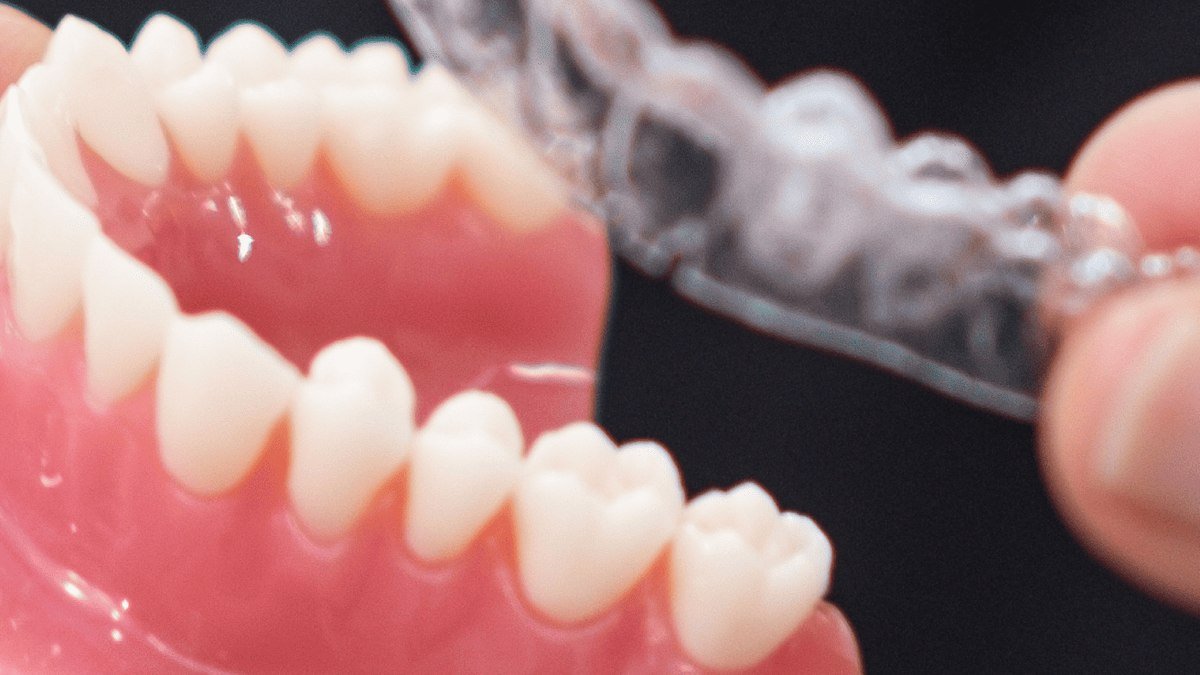 A clear aligner tray beside a dental model A clear Invisalign aligner tray beside a dental model showing tooth alignment